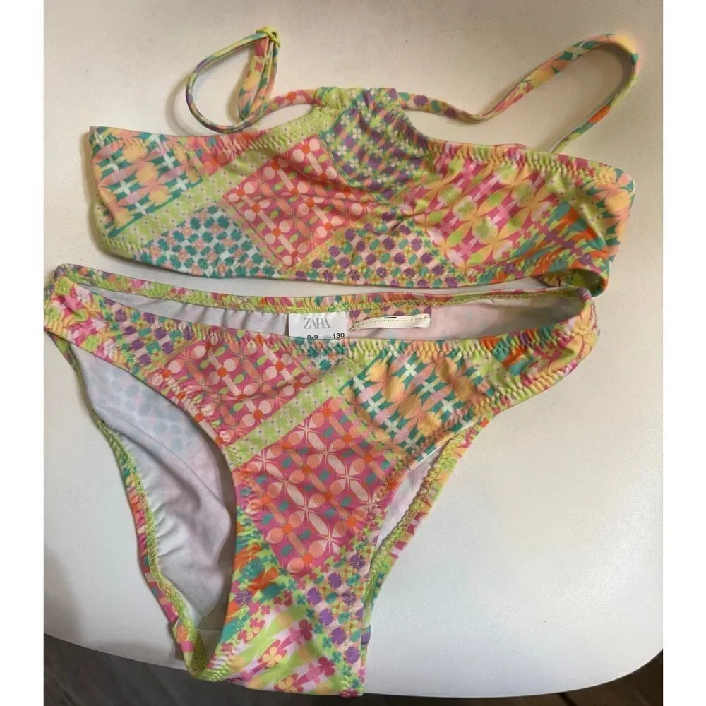Zara Kids Girls Printed Halter Swim Two-Piece Bikini Set Multicolor Size 8-9